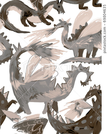 Seamless pattern with cute cartoon dragons 69804635