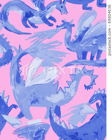 Seamless pattern with cute cartoon dragons 69804636