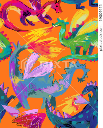 Seamless pattern with cute cartoon dragons 69804653