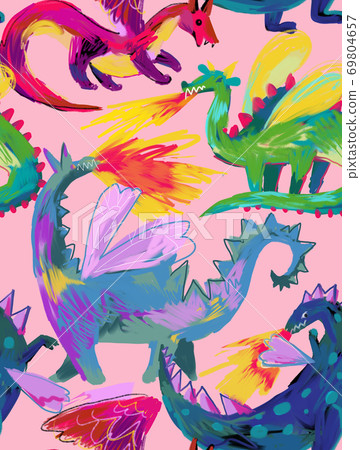 Seamless pattern with cute cartoon dragons 69804657