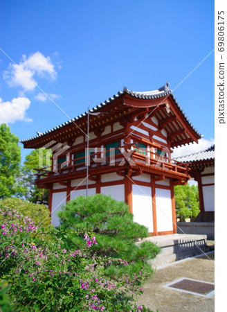 奈良古城的Yakushiji寺:gi的花開在寺的側面 奈良古城的Yakushiji寺:gi的花開在寺的側面 69806175