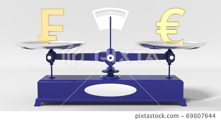 Swiss franc symbol weighs the same as Euro sign on balance scales. Financial market conceptual 3d rendering Swiss franc symbol weighs the same as Euro sign on balance scales. Financial market conceptual 3d rendering 69807644