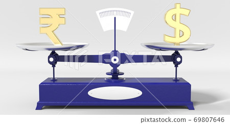 Rupee sign weighs the same as Dollar symbol on balance scales. Financial market conceptual 3d rendering Rupee sign weighs the same as Dollar symbol on balance scales. Financial market conceptual 3d rendering 69807646
