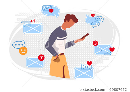 Man chatting social media in flat style. Smartphone addiction concept. Web talk bubble cloud around person. Online communication with phone. Internet messenger vector Isolated illustration. Man chatting social media in flat style. Smartphone addiction concept. Web talk bubble cloud around person. Online communication with phone. Internet messenger vector Isolated illustration. 69807652