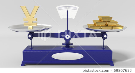 Yen symbol weighs the same as gold bars on balance scales. Financial market conceptual 3d rendering 69807653