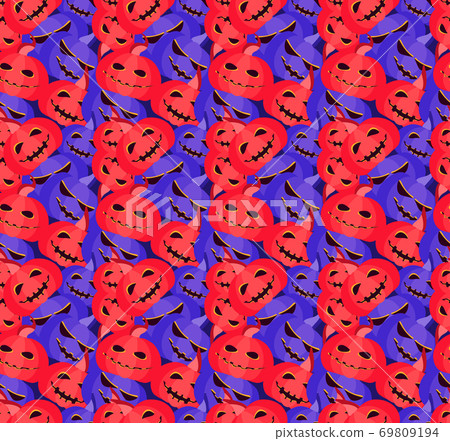 Spooky pumpkins seamless pattern. Jack-o-lantern. Halloween festive background for wrapping paper, print, fabric and printing. Vector illustration Spooky pumpkins seamless pattern. Jack-o-lantern. Halloween festive background for wrapping paper, print, fabric and printing. Vector illustration 69809194