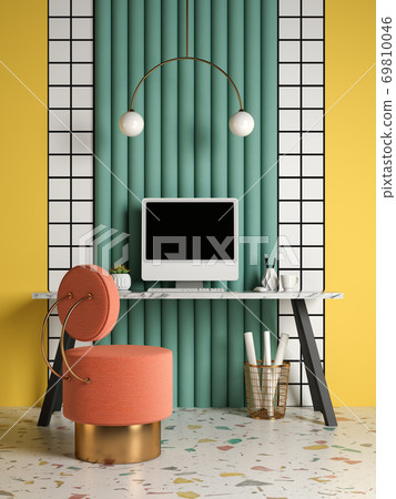 Memphis style conceptual interior Home office 3 d illustration Memphis style conceptual interior Home office 3 d illustration 69810046