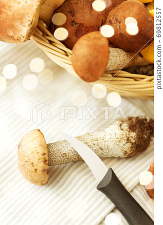 basket of different edible mushrooms and knife basket of different edible mushrooms and knife 69812557