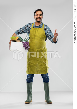 indian gardener or farmer with box of garden tools 69813108