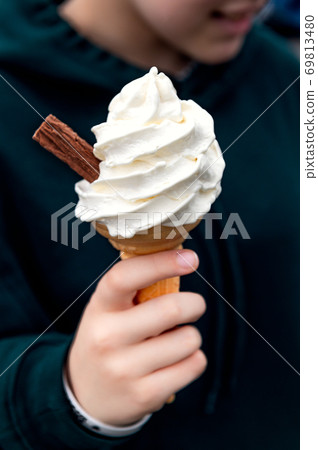 Soft vanilla ice cream with chocolate stick Soft vanilla ice cream with chocolate stick 69813480