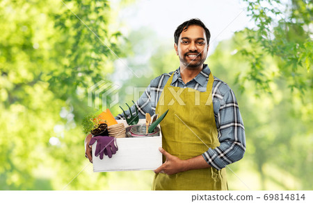 indian gardener or farmer with box of garden tools 69814814