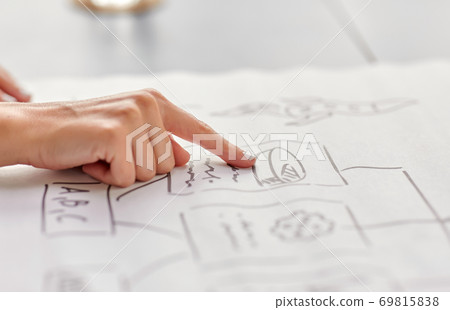close up of hands with scheme at office 69815838