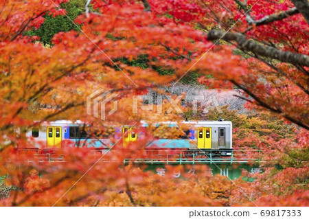 Train on the Suigun Line that crosses the autumn leaves and the railway bridge Yamatsuri Town, Fukushima Prefecture Train on the Suigun Line that crosses the autumn leaves and the railway bridge Yamatsuri Town, Fukushima Prefecture 69817333
