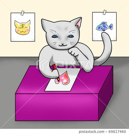 Gray cat drawing a picture Gray cat drawing a picture 69817460