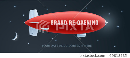 Vector retro blimp with wavy advertising banner for grand opening or re-opening illustration 69818385