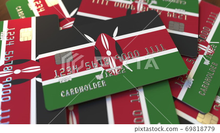 Pile of credit cards with flag of Kenia. 3D rendering 69818779