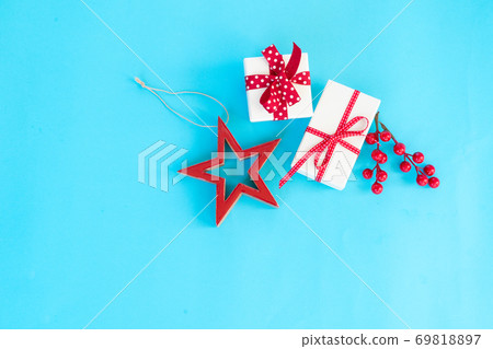 Christmas flat lay scene with golden decorations 69818897