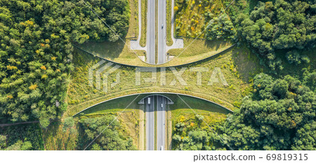 Aerial top down view of ecoduct or wildlife crossing 69819315