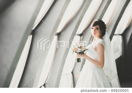 Beautiful fashion bride in wedding dress posing Beautiful fashion bride in wedding dress posing 69820085