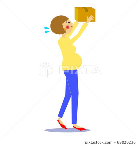 Pregnant woman carrying heavy luggage to a high place facing right 69820236
