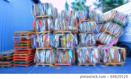 Digital painting style that represents wooden platforms and a pile of cardboard boxes pressed to be transported 69820520