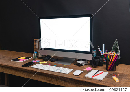 Office desk and computer and stationary equipment Computer mockup 69821137