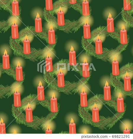 Christmas wreath seamless pattern. Four Advent Candles on Christmas Wreath on green repeating 69821291