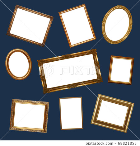 Pattern of empty golden picture frames on blue 69821853