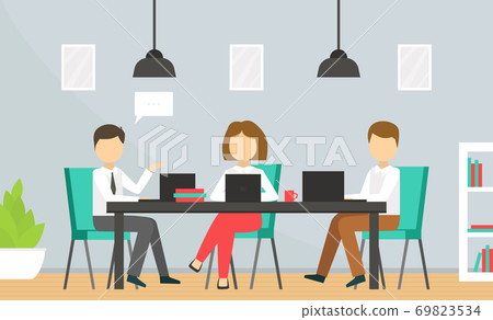 Coworking Space with Business People Sitting at Desk with Laptop Computers, Team Working Together in Coworking Open Office Vector Illustration Coworking Space with Business People Sitting at Desk with Laptop Computers, Team Working Together in Coworking Open Office Vector Illustration 69823534
