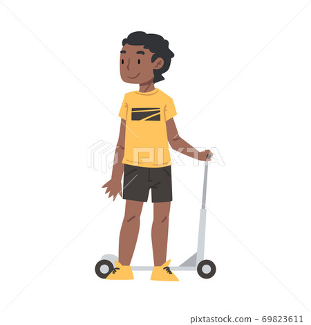 Cute African American Boy Riding Kick Scooter Cartoon Style Vector Illustration on White Background 69823611