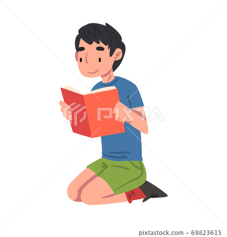 Boy Reading Book Sitting on the Floor on his... - Stock Illustration ...