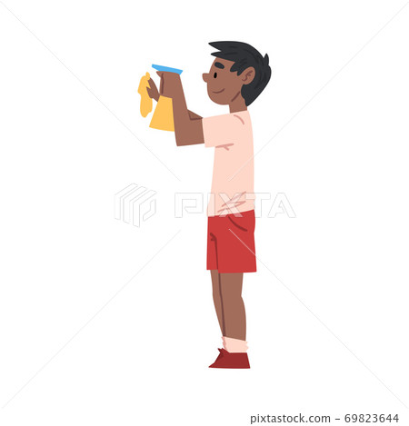 Boy Wiping Dust with Sprayer Bottle and Rag, Child Doing Household Chores Cartoon Style Vector Illustration 69823644