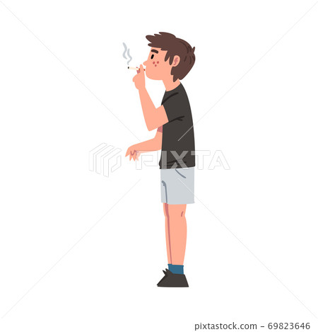 Boy Smoking Cigarette, Bad Child Behavior Cartoon Style Vector Illustration on White Background 69823646