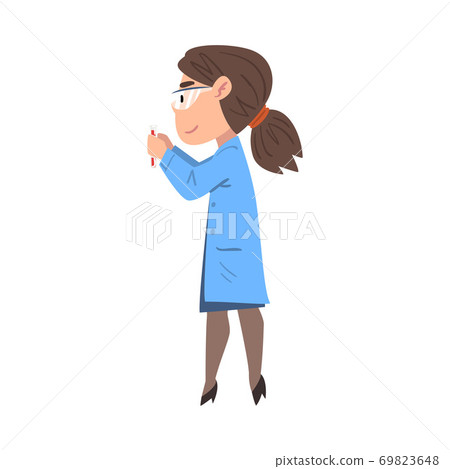 Girl Chemist Scientist Holding Test Flask, Female Student Character in Lab Coat Working at Researching Laboratory Cartoon Style Vector Illustration Girl Chemist Scientist Holding Test Flask, Female Student Character in Lab Coat Working at Researching Laboratory Cartoon Style Vector Illustration 69823648