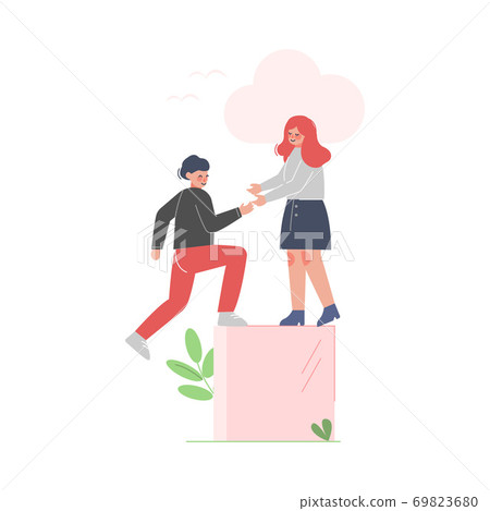 Woman Helping Man to Climb up on Top of Rising Diagram Column, Moving up Motivation Business Concept Cartoon Vector Illustration Woman Helping Man to Climb up on Top of Rising Diagram Column, Moving up Motivation Business Concept Cartoon Vector Illustration 69823680