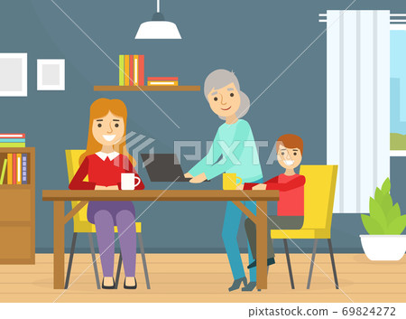 Mom and Son Sitting at Table Drinking Tea, Grandma Holding Laptop Computer, Happy Family Spending Time at Home Cartoon Vector Illustration Mom and Son Sitting at Table Drinking Tea, Grandma Holding Laptop Computer, Happy Family Spending Time at Home Cartoon Vector Illustration 69824272