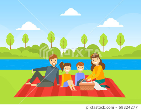 Happy Family Having Picnic Outdoors, Dad, Mom, Son and Daughter Resting on Nature Cartoon Vector Illustration 69824277