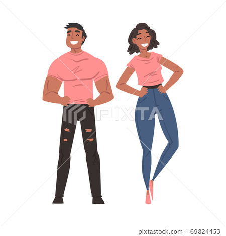 Happy Smiling Couple, Cheerful Guy and Girl Characters Having Fun Together Cartoon Style Vector Illustration 69824453