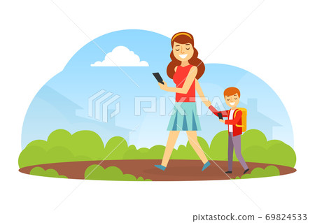 Smiling Woman and her Son Using Cellphones while Walking in Park, Young Woman Leading Boy Student to School, Gadget Addiction Concept Cartoon Vector Illustration Smiling Woman and her Son Using Cellphones while Walking in Park, Young Woman Leading Boy Student to School, Gadget Addiction Concept Cartoon Vector Illustration 69824533