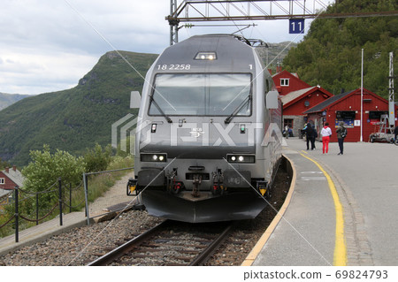 Norway Norwegian railway Fromm line locomotive entering Myrdal station on the Bergen line and Flåmsbana 69824793