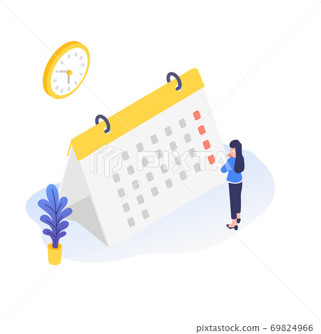 Illustration material of a business person who is checking the schedule by looking at the calendar Illustration material of a business person who is checking the schedule by looking at the calendar 69824966