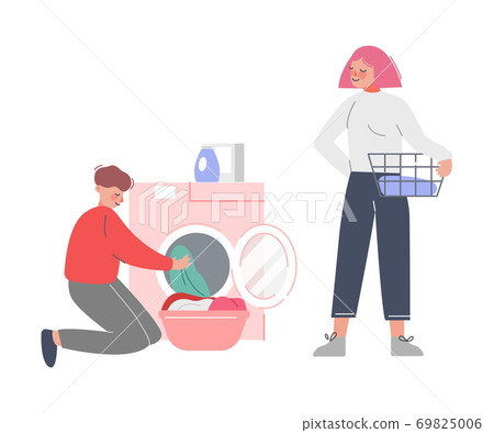 Young Man and Woman Doing Laundry, Guy Putting Dirty Clothes in Washing Machine, Girl Holding Basket of Dirty Laundry Flat Style Vector Illustration 69825006