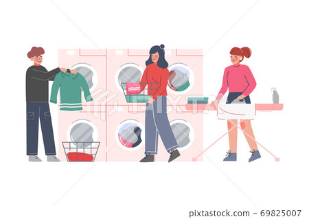 People Doing Laundry at Public Laundrette, Young Man and Women Washing, Drying and Ironing Clothes Flat Style Vector Illustration 69825007