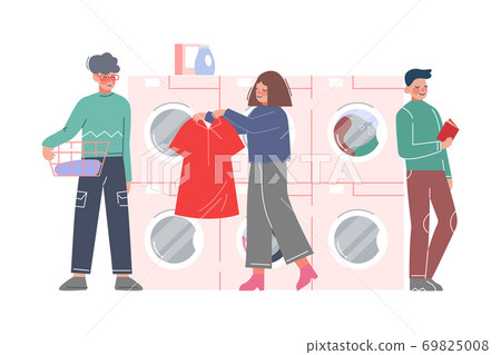 People Doing Laundry at Public Laundrette, Clients Washing and Drying Clothes Flat Style Vector Illustration 69825008
