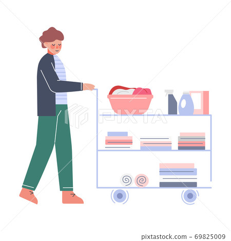 Guy Doing Laundry, Young Man Pushing Cart with Clean Clothes at Public Laundrette Flat Style Vector Illustration 69825009