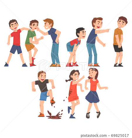 Conflicts Between Children Set, Violent Behavior Among Kids, Mockery and Bullying at School Concept Cartoon Style Vector Illustration Conflicts Between Children Set, Violent Behavior Among Kids, Mockery and Bullying at School Concept Cartoon Style Vector Illustration 69825017
