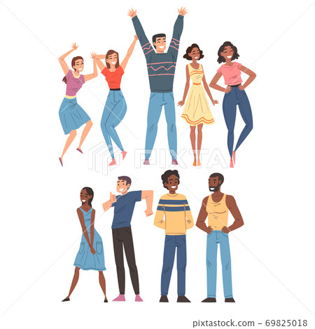 Cheerful Smiling People Set, Happy Young Men and Women in Casual Clothes Cartoon Style Vector Illustration 69825018