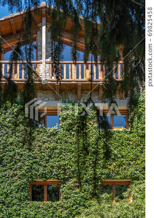 Facade of a house covered with greenery. View through the branches of tree. 69825458