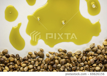 dry hemp seeds and oil abstract 69826156