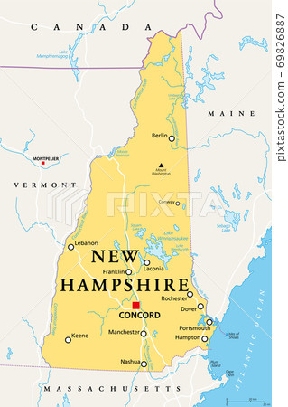 New Hampshire, NH, political map, with capital Concord. State in the New England region of the United States of America. The Granite State. The White Mountain State. Illustration over white. Vector. 69826887